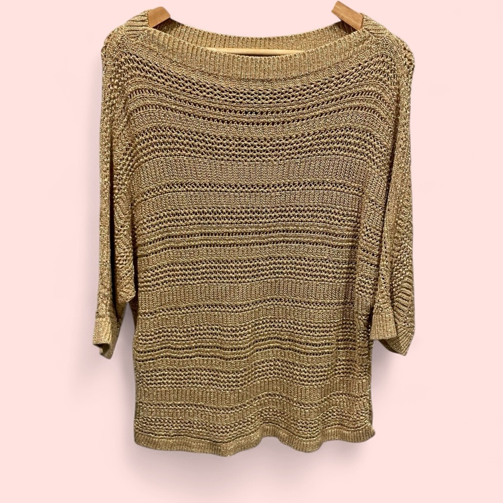 Cute Chico’s chunky golden flax open weave batwing sweater 3/4 sleeve metallic